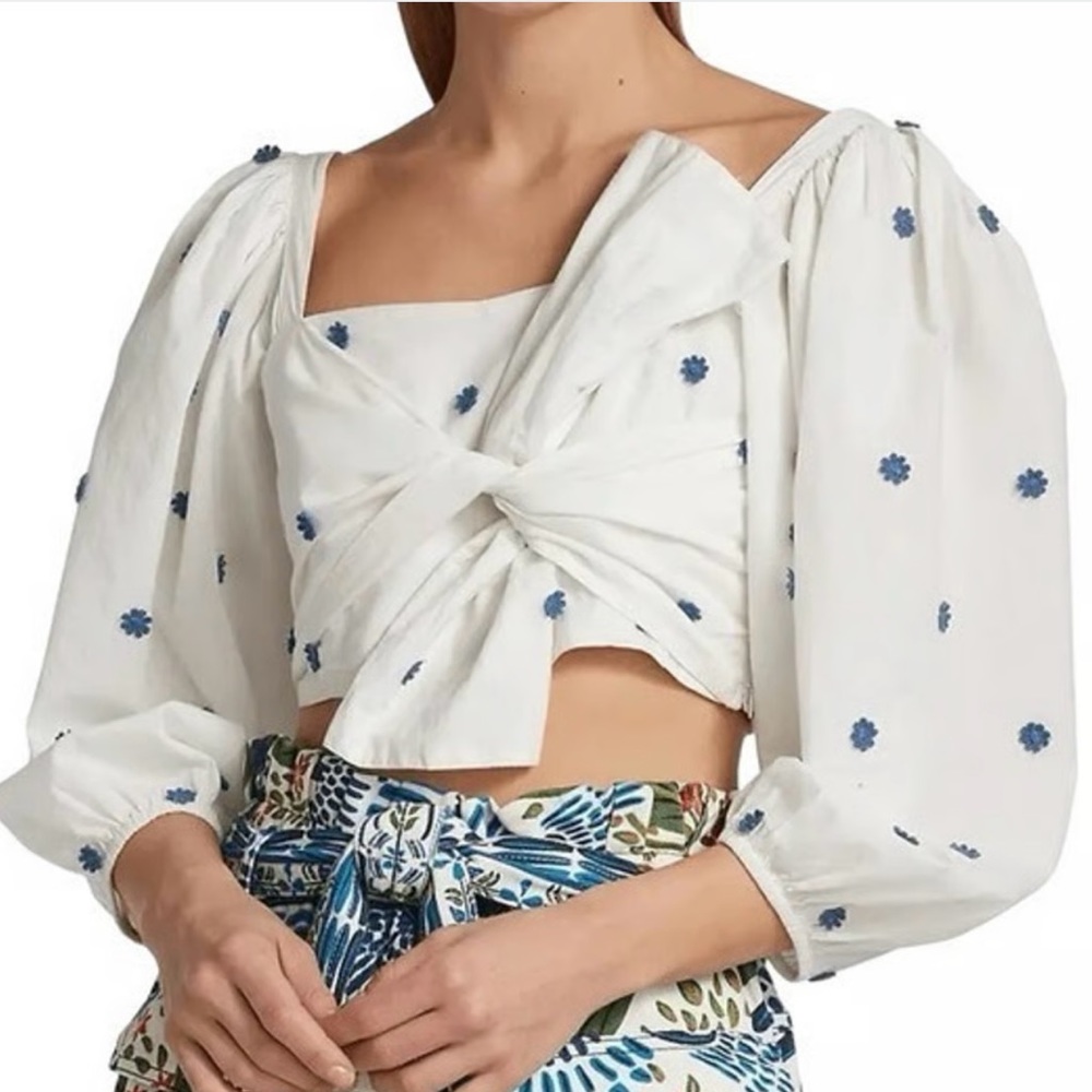 Farm Rio Flower-embroidered Cotton Crop Top in Off White